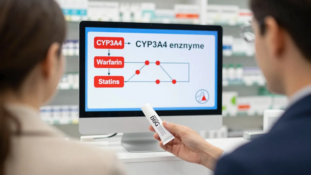Apotheker gibt CBG-Creme mit Warnhinweis aus, im Hintergrund Medikamenten-Interaktionsanzeige.