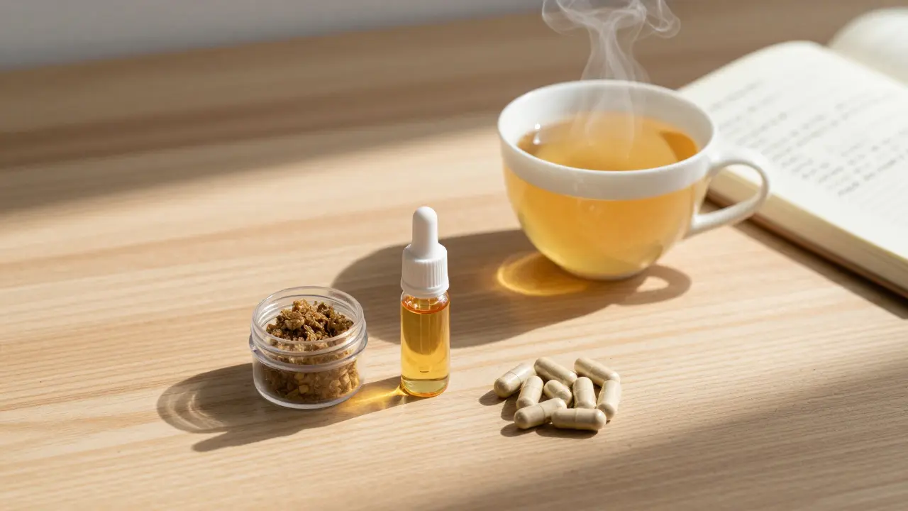 Drei Formen von CBD-Produkten auf einem Holztisch neben einer Tasse Tee und einem Notizbuch.