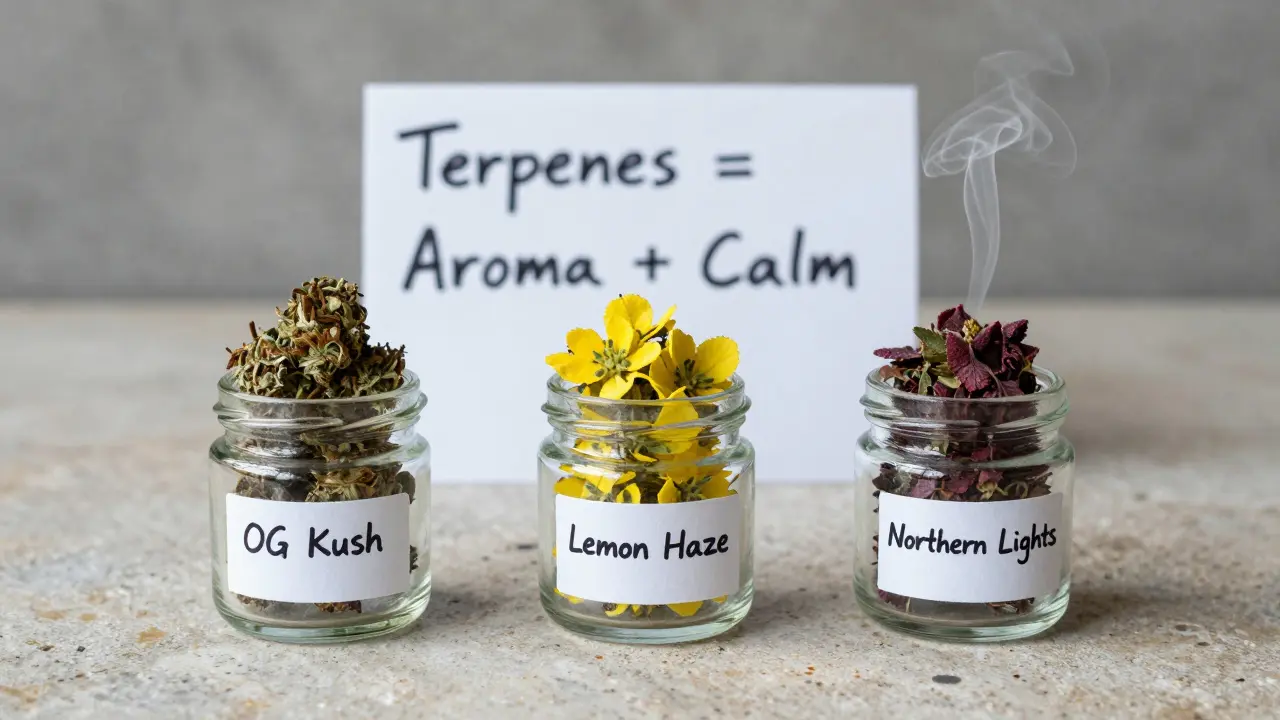 Drei Gläser mit verschiedenen CBD-Sorten und jeweils charakteristischen Duftwolken