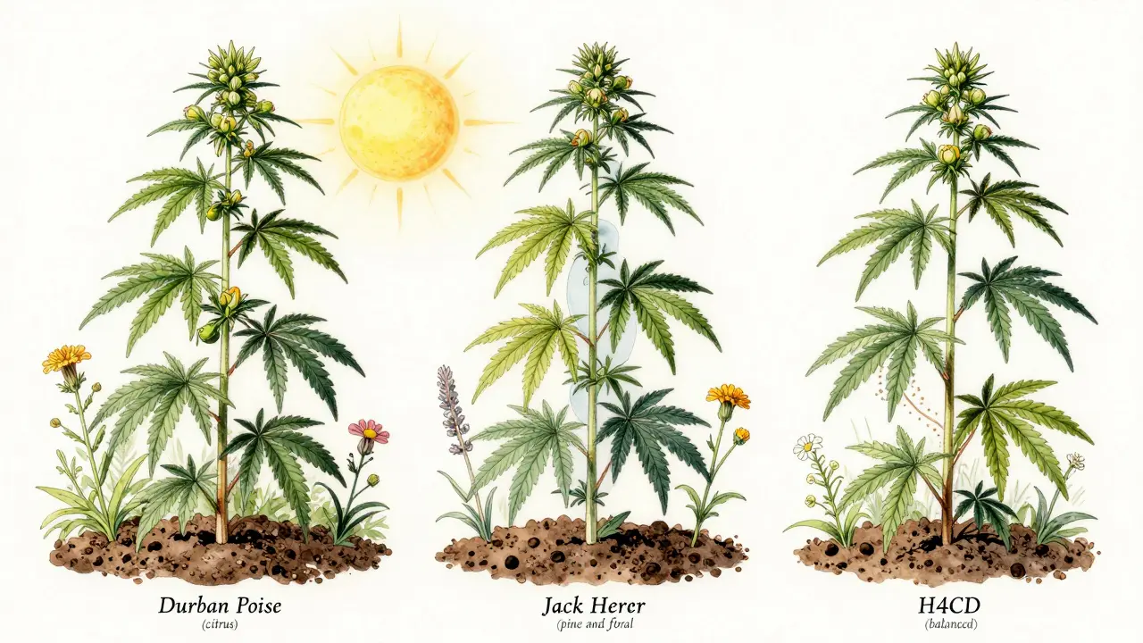 Drei verschiedene Sativa-Pflanzen in botanischer Zeichnung mit gekennzeichneten Terpenprofilen unter sonnigem Himmel.