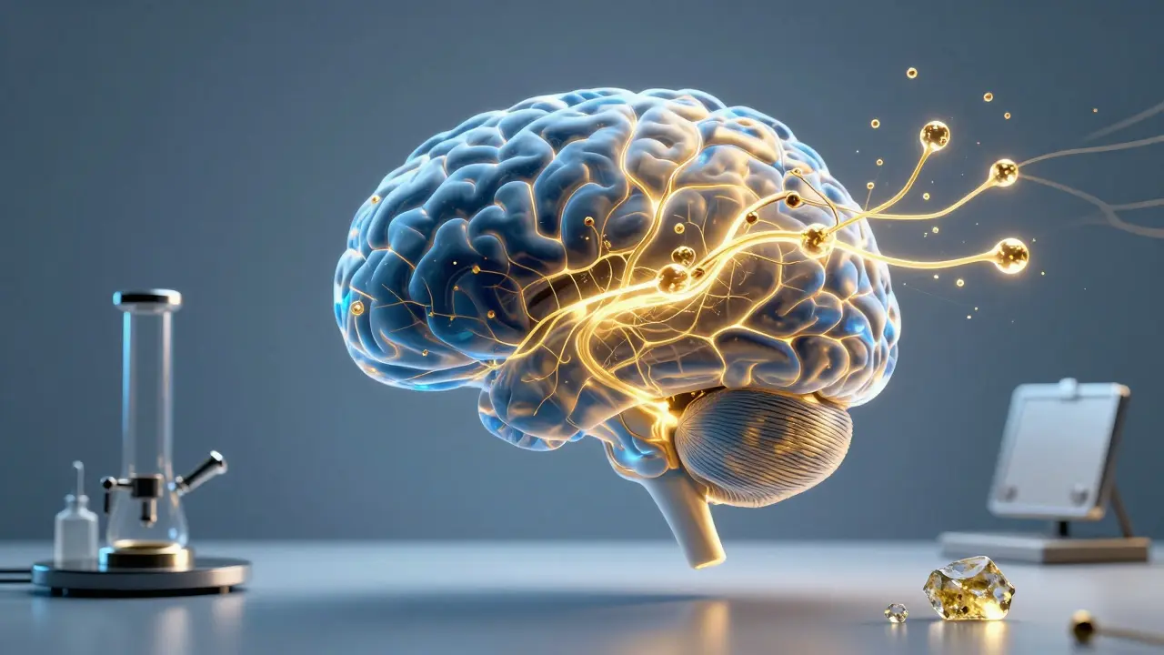 Durchscheinende Gehirnstruktur mit goldenen CBD-Molekülen, die Unruhe in Ruhe verwandeln.