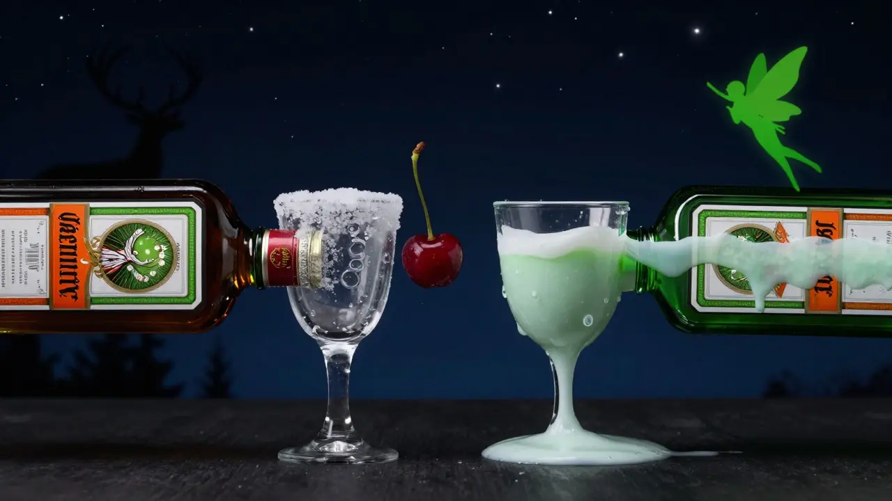 Ein Flaschenbild teilt sich in zwei Wege: schneller Shot vs. langsames Ritual mit trüber Flüssigkeit.