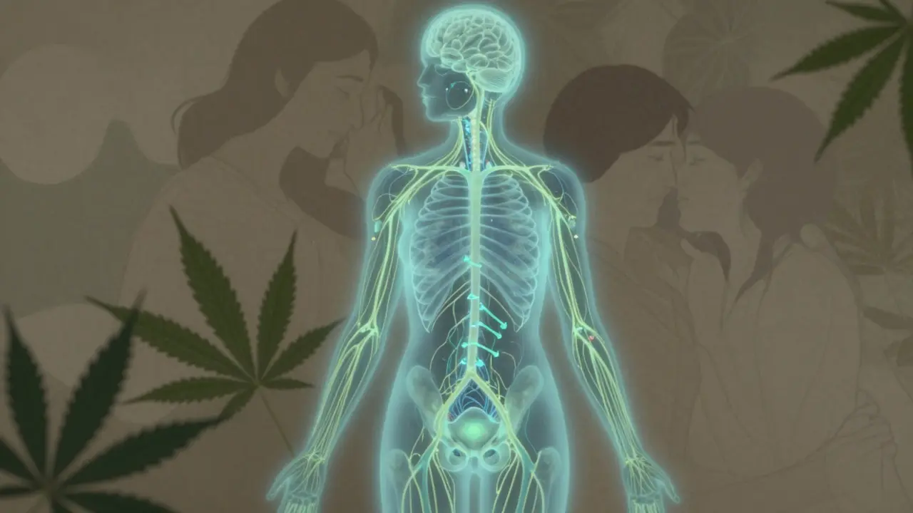 Ein schematischer, stilisierter Blick auf das Nervensystem mit reduzierten Stresssignalen im Beckenbereich.