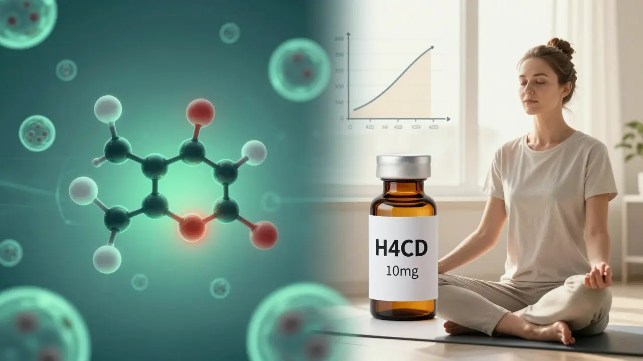 Ein wissenschaftliches Bild zeigt H4CBD-Moleküle, die Entzündungen reduzieren, während eine Person in der Morgensonne entspannt — ohne Veränderung der Wahrnehmung.