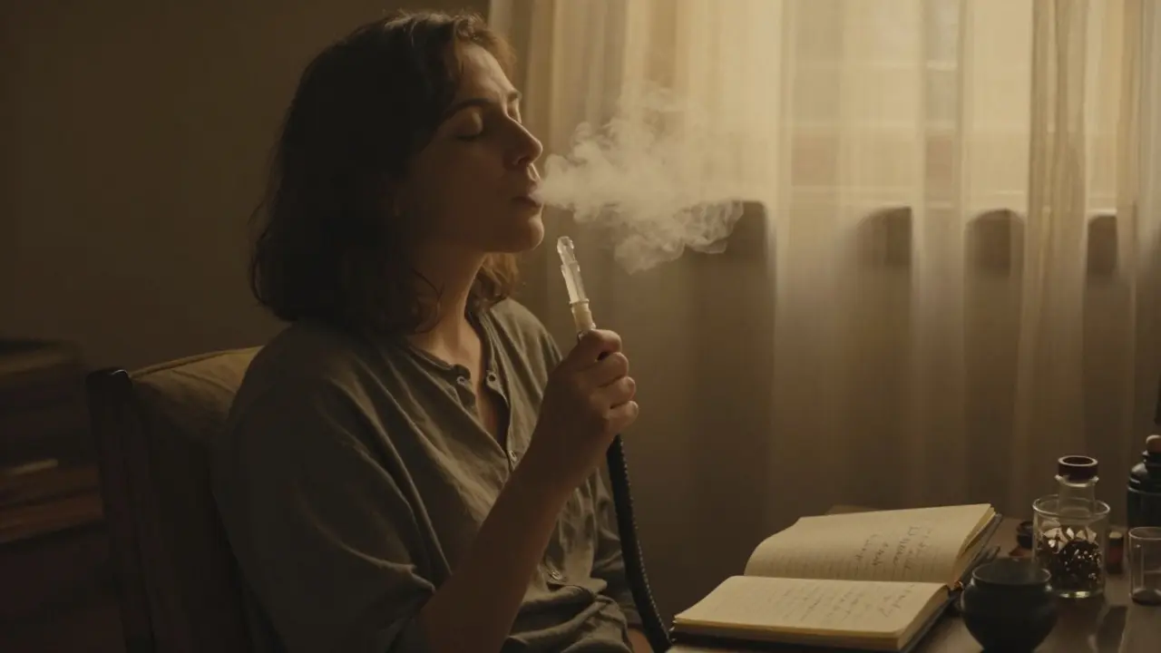 Eine Person atmet ruhig Dampf aus einem Wasserpfeifen-Dabbing-Gerät, Gesicht friedlich, Licht durch Vorhänge.