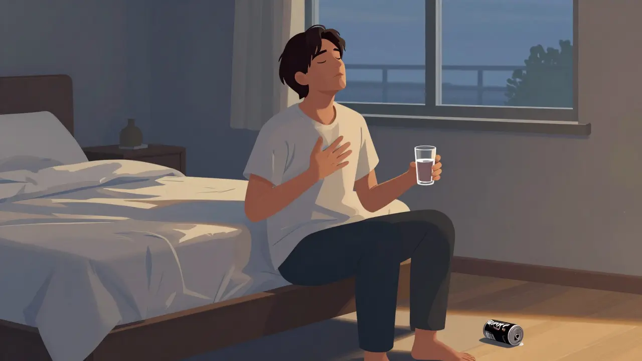 Eine Person atmet tief, sitzt am Bettrand und hält ein Glas Wasser, während ein Energydrink danebenliegt.