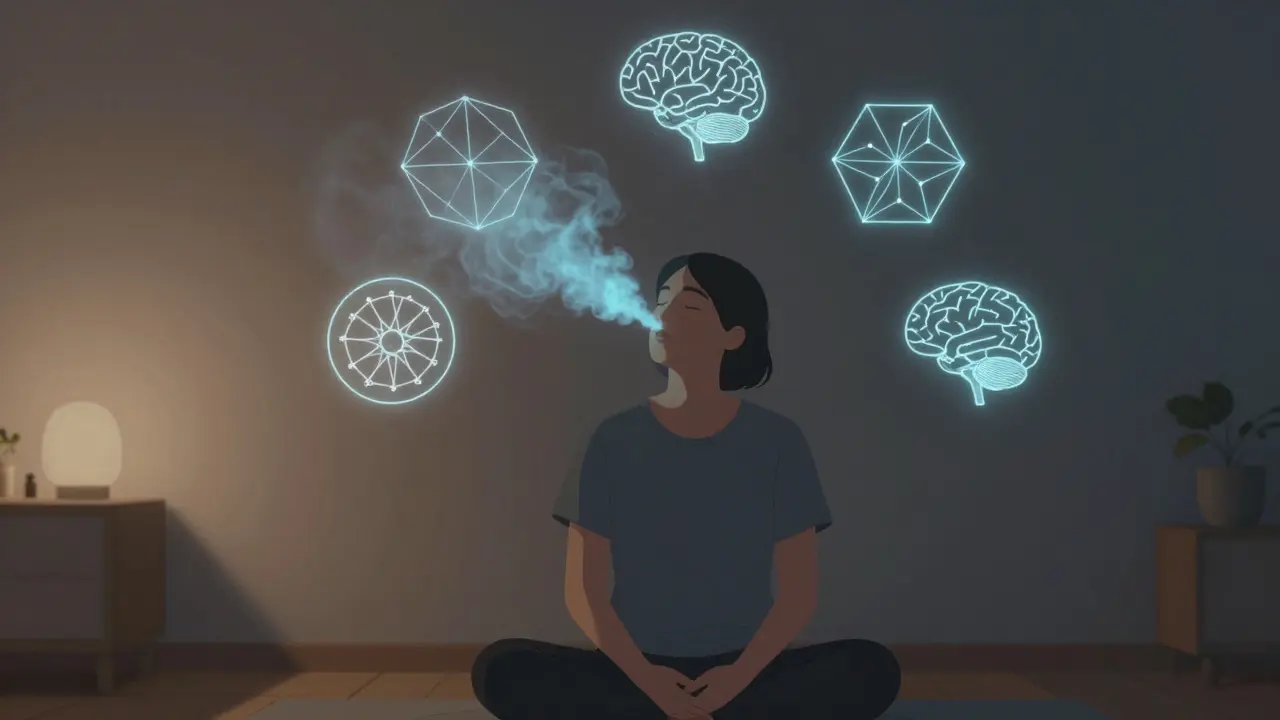 Eine Person in ruhiger Pose, die CBD-Dampf ausatmet, mit symbolischen Rezeptoren im Hintergrund.