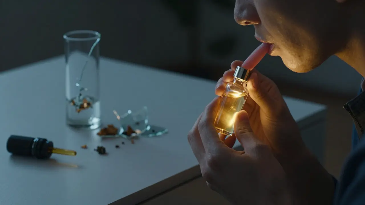 Eine Person nimmt CBD-Öl unter die Zunge, während ein zerbrochenes Dab-Gerät im Hintergrund liegt.