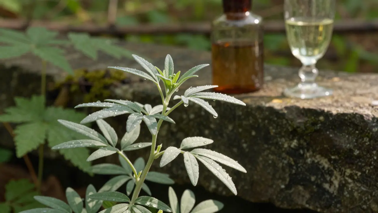 Eine wilde Wermutpflanze mit tauversetzten Blättern wächst im Wald nahe Stuttgart, Sonnenlicht streift die Blätter.