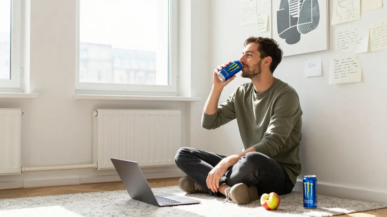 Freelancer in einem hellen Wohnzimmer, der beruhigt aus einer CBD-Getränkedose trinkt.