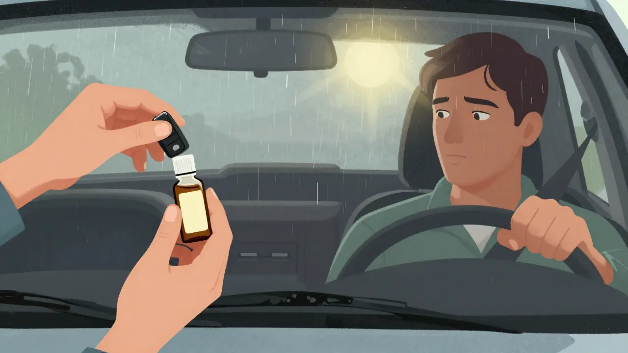 Gegensatz: Morgens CBD eingenommen mit Autoschlüssel – später am Steuer mit verschwommenem Blick bei Regen.