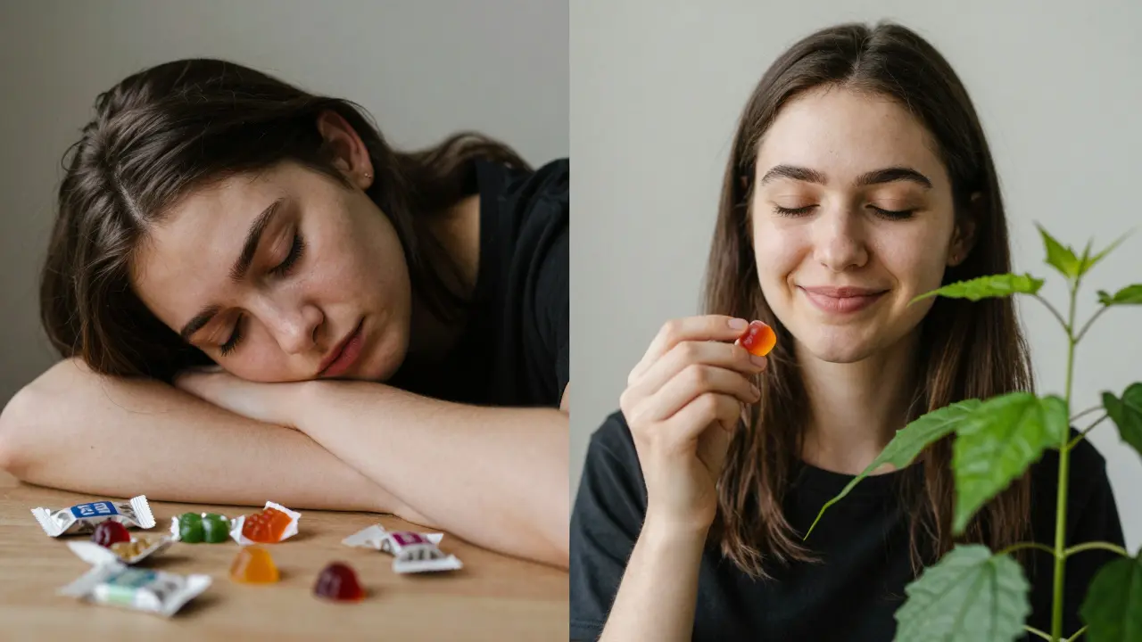 Gegenüberstellung von übermäßiger Nutzung und bewusstem Wechsel zu CBD – eine Person auf dem Weg zur Balance.