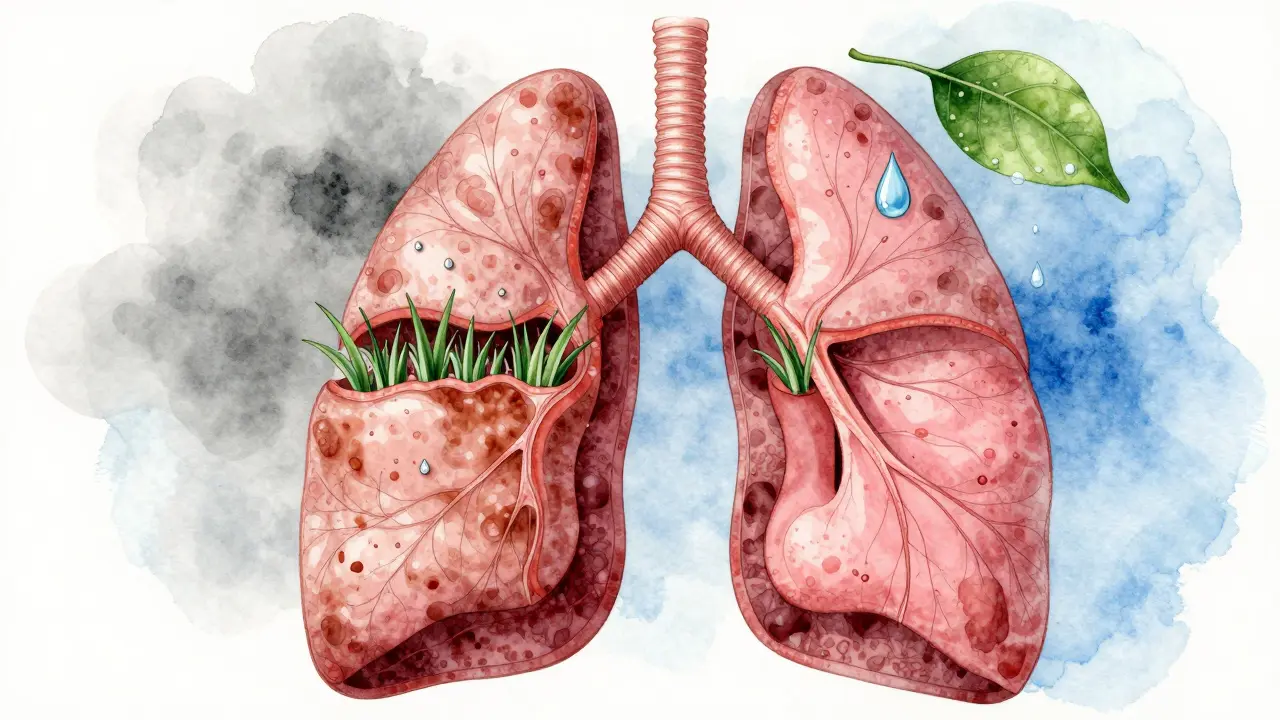 Gesunde und geschädigte Lunge im Vergleich, Zilien wachsen wieder, Wassertröpfchen fördern die Heilung.