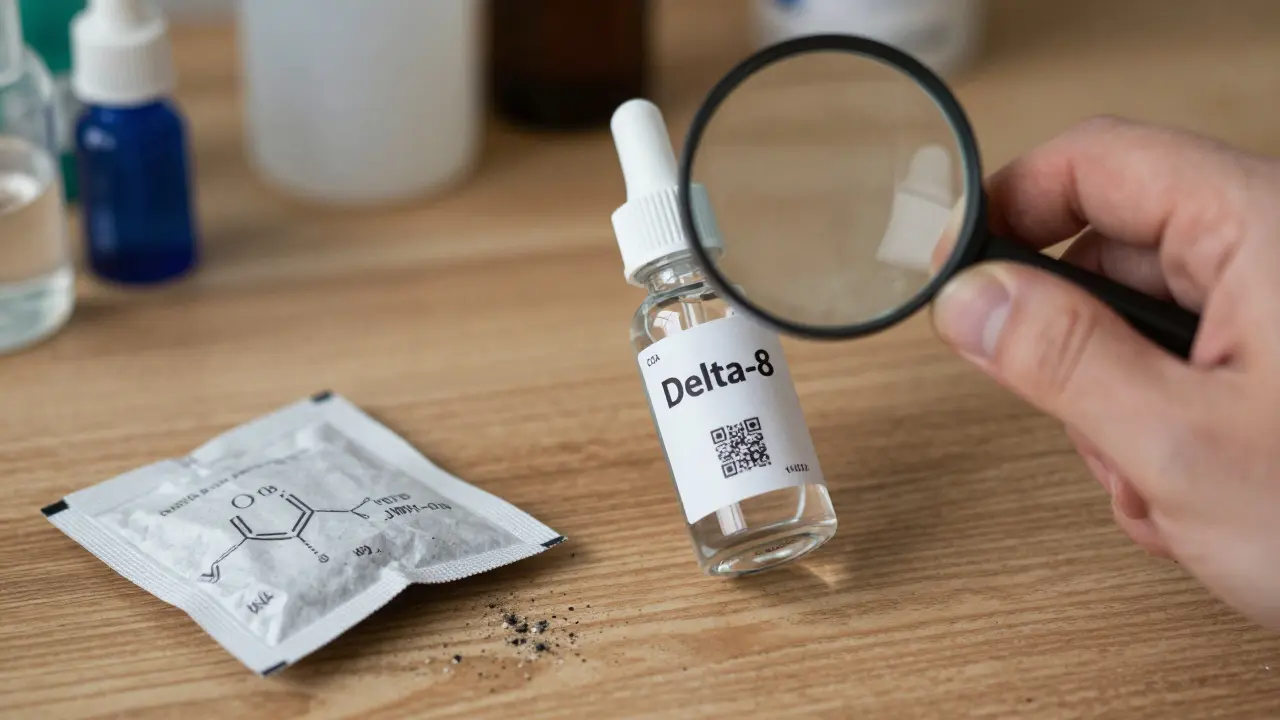 Hand hält Delta-8-Flasche mit COA-Code neben einem zerknüllten K2-Päckchen auf schmutzigem Boden, Vergrößerungsglas über dem Etikett.