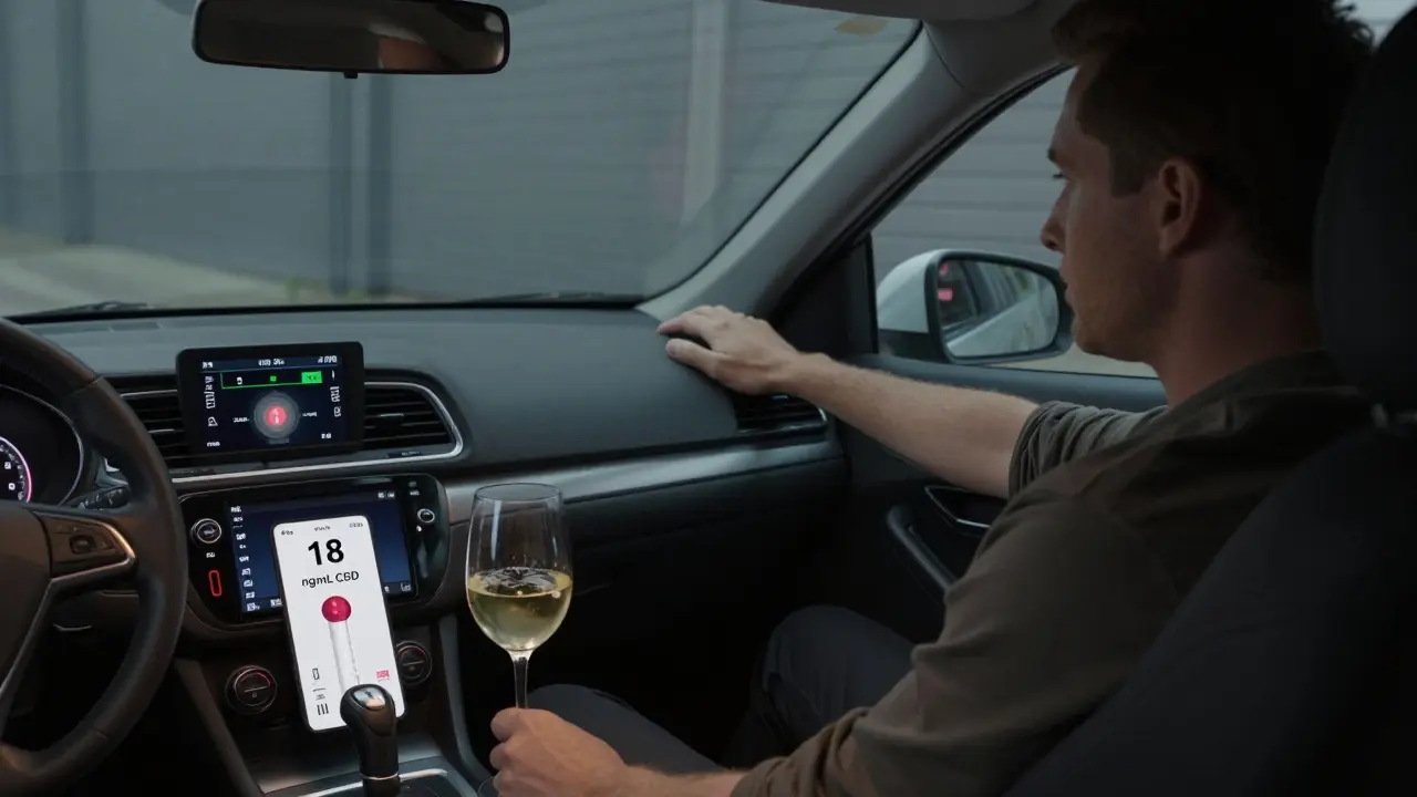 Im Auto: Dashboard zeigt verlangsamte Reaktionszeiten, ein Glas Cannabis-Wein und ein Bluttest mit CBD-Nachweis sind sichtbar.