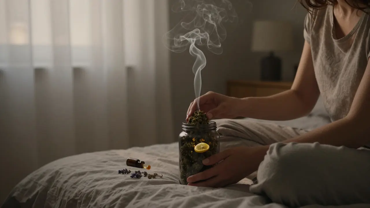 Jemand öffnet vorsichtig ein dunkles Glas mit CBD-Blüten in einem ruhigen Zimmer