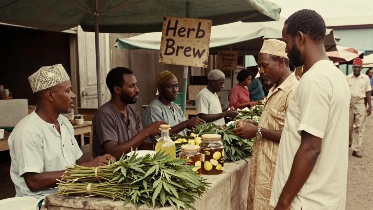 Marktstand in Kingston mit getrockneter Ganja und Kräutergetränk, typische Kleidung der 1970er Jahre, warme Sepiatöne.