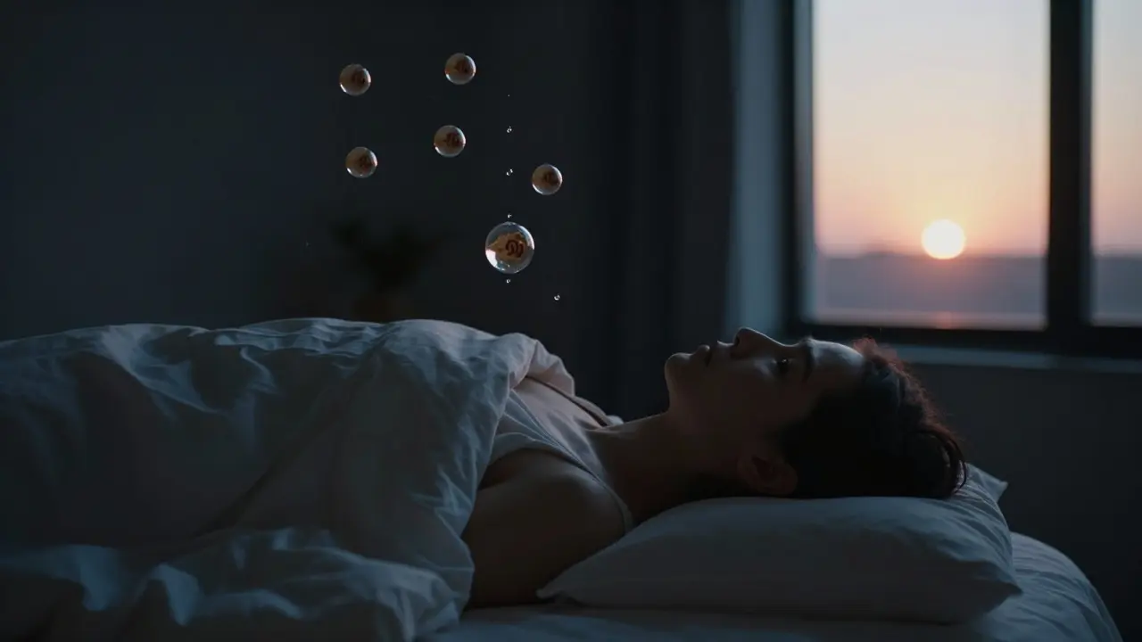 Mensch liegt unter einer Decke in dunklem Raum, während CBD-Moleküle schweben und Morgenlicht hereinbricht.