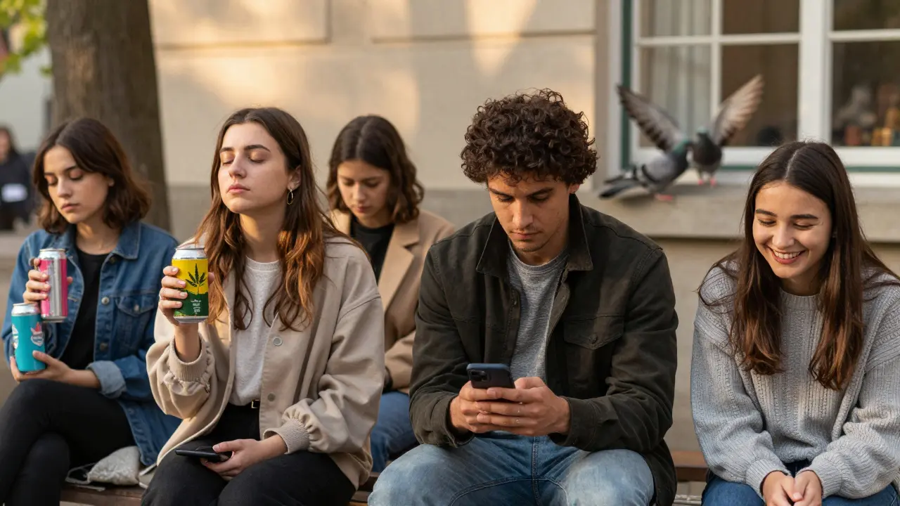 Menschen in einem Park, die ruhig mit CBD-Getränken sitzen und die Umgebung wahrnehmen.