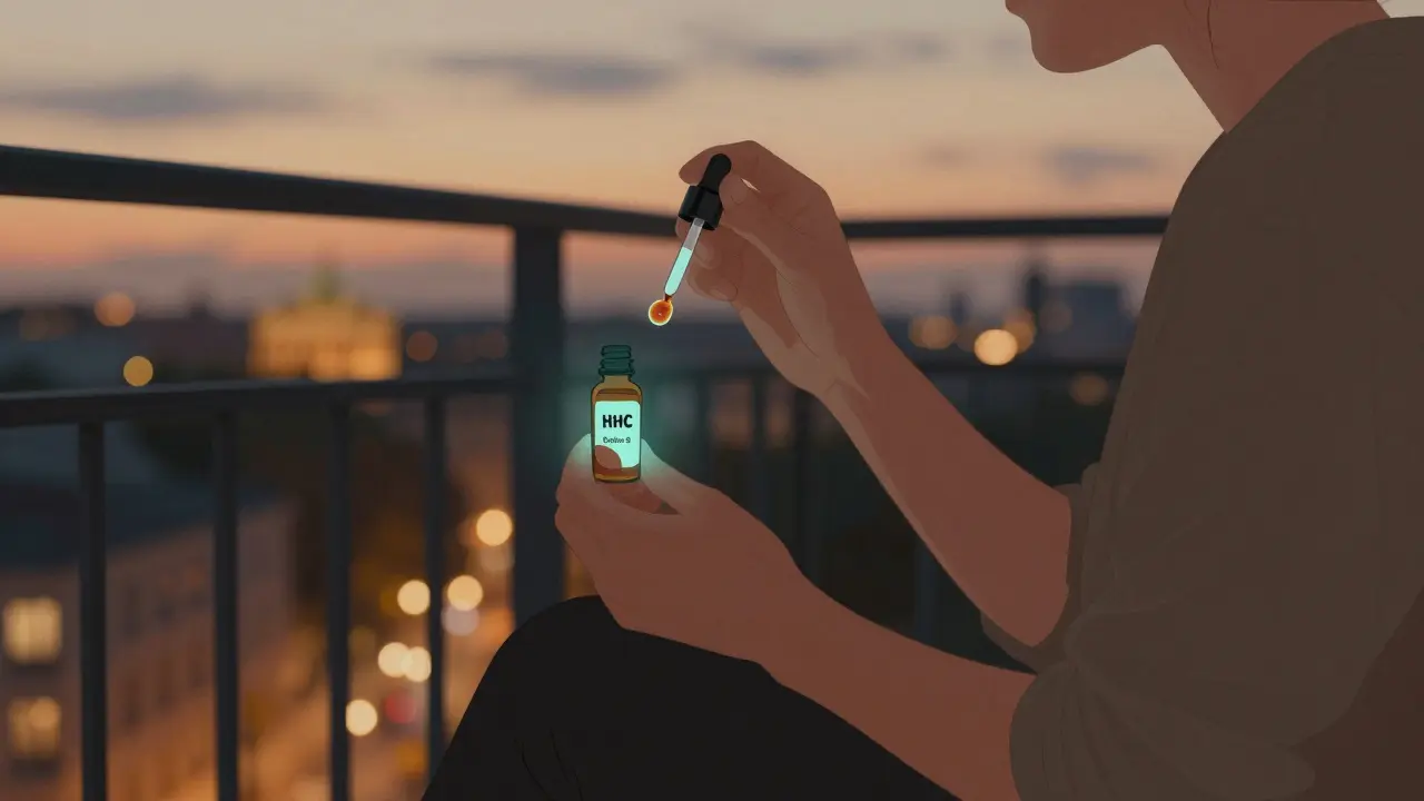 Person auf Berliner Balkon mit HHC-Gummibärchen und Delta-8-Tropfen, Abendlicht, ruhige Stimmung.