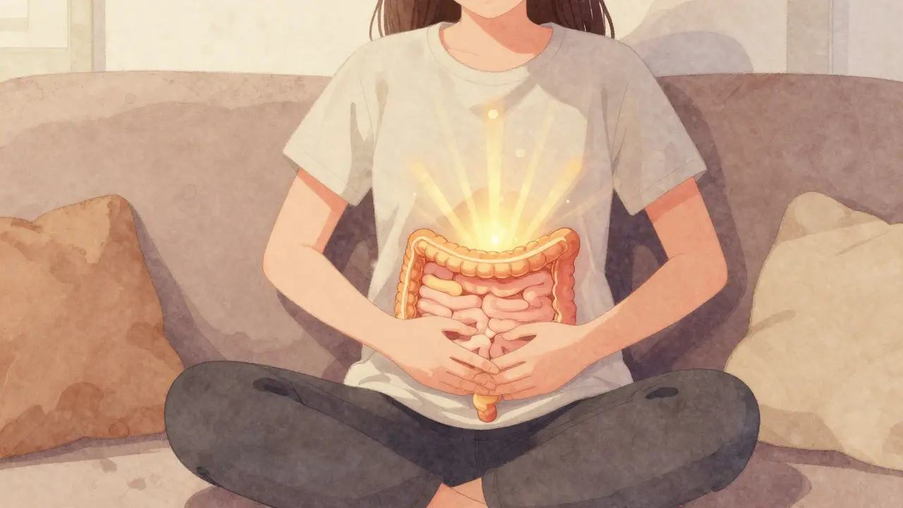 Person mit goldenem Glühen im Bauchbereich, entspannt in Wohnzimmer.