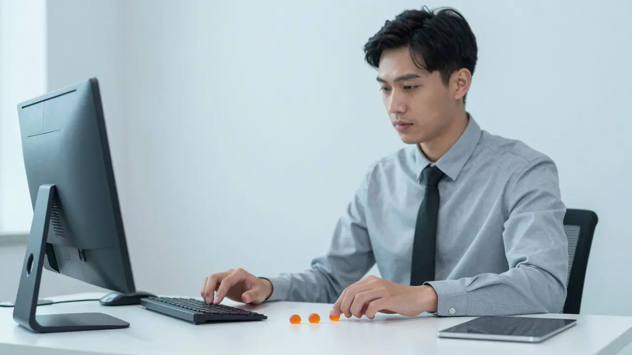 Professioneller arbeitet entspannt mit CBD-Gummibärchen auf dem Schreibtisch.