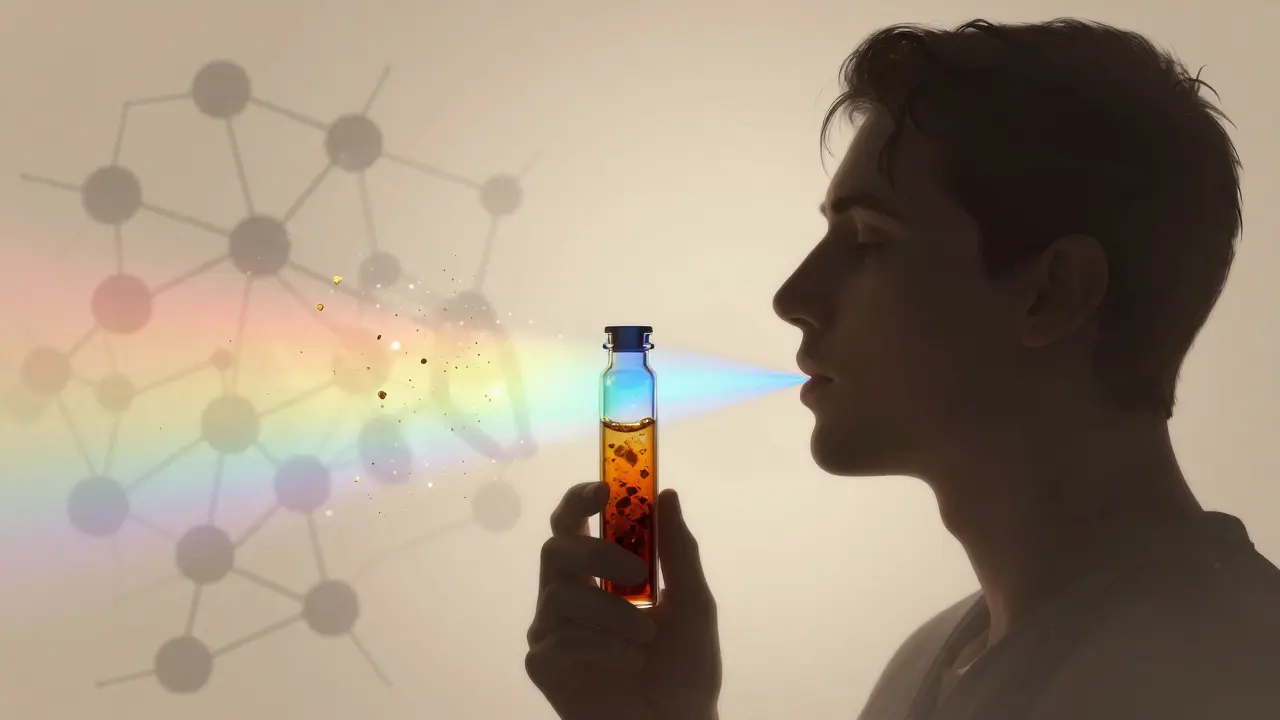 Silhouette atmet Dampf aus einem Dab-Rig, bunte Cannabinoid-Wege im Hintergrund.