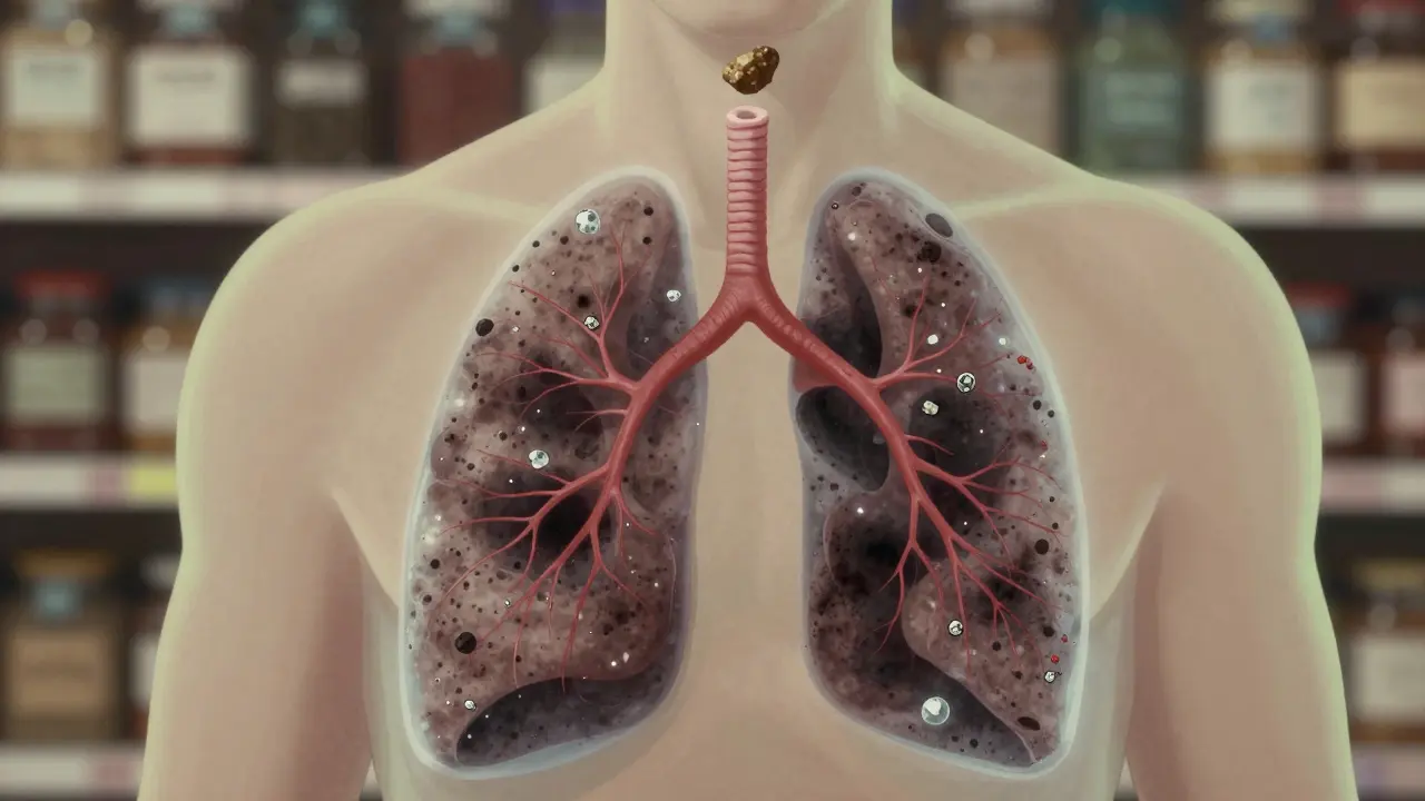 Transluzente Darstellung einer Lunge mit schadstoffbeladenen Alveolen, ein CBD-Crumble-Fragment schwebt darüber.
