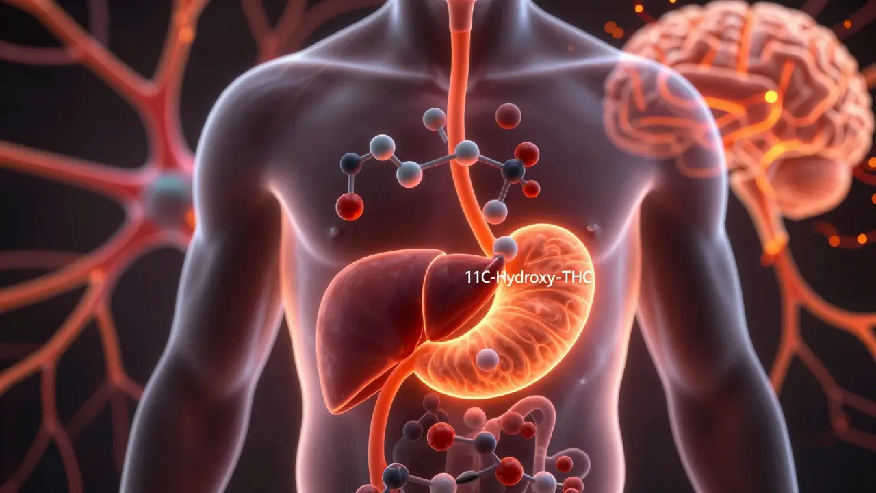 Transparenz-Darstellung des Körpers, die THC-Umwandlung in der Leber und Wirkung im Gehirn zeigt.