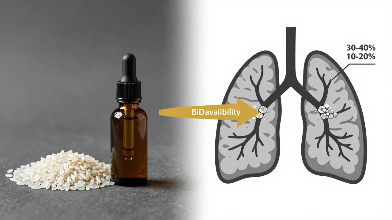 Vergleich: CBD-Kristall vs. CBD-Öl mit Pfeilen, die die Bioverfügbarkeit im Körper zeigen.