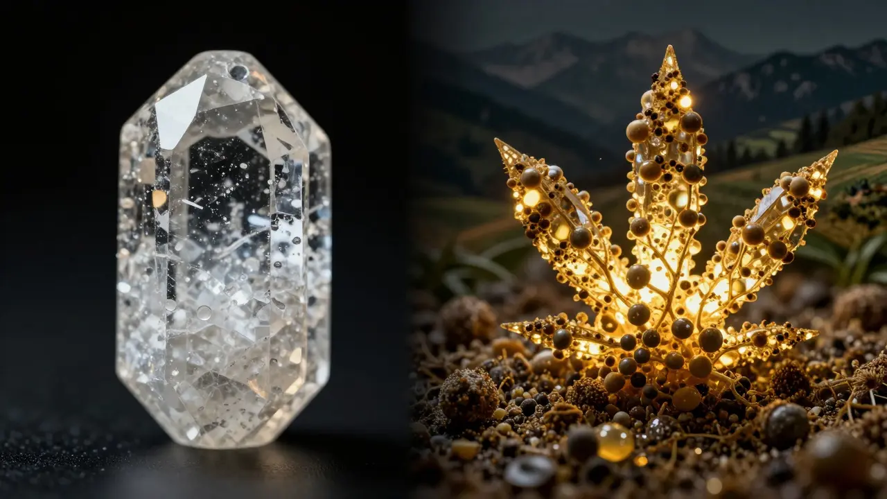 Vergleich: reines CBD-Isolat links, vollspektrum Crumble mit natürlichen Verbindungen rechts.