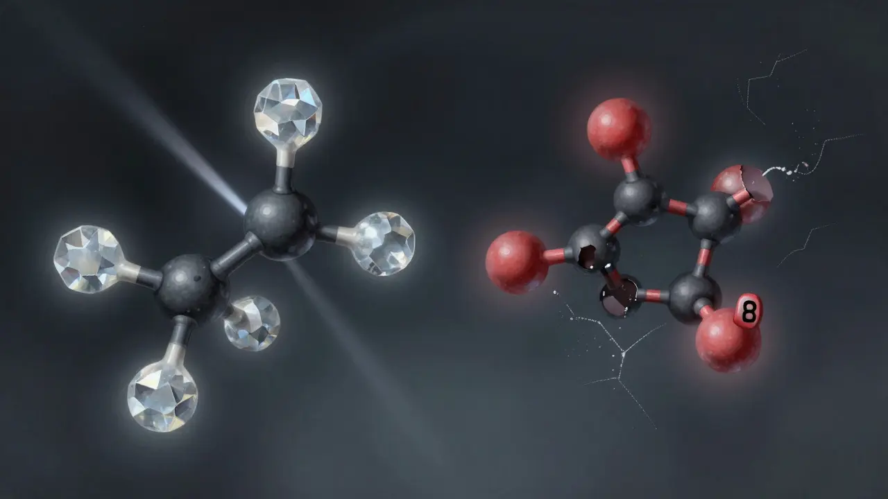 Waage mit stabilen HHC-Molekülen und instabilen Delta-8-Molekülen, wissenschaftlicher Stil, konzeptuelle Darstellung.