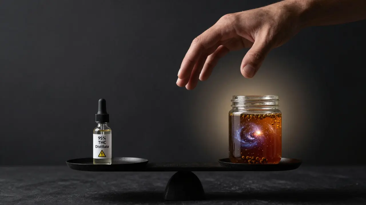 Waage mit THC-Distillat und Live Resin, eine Hand zögert darüber.