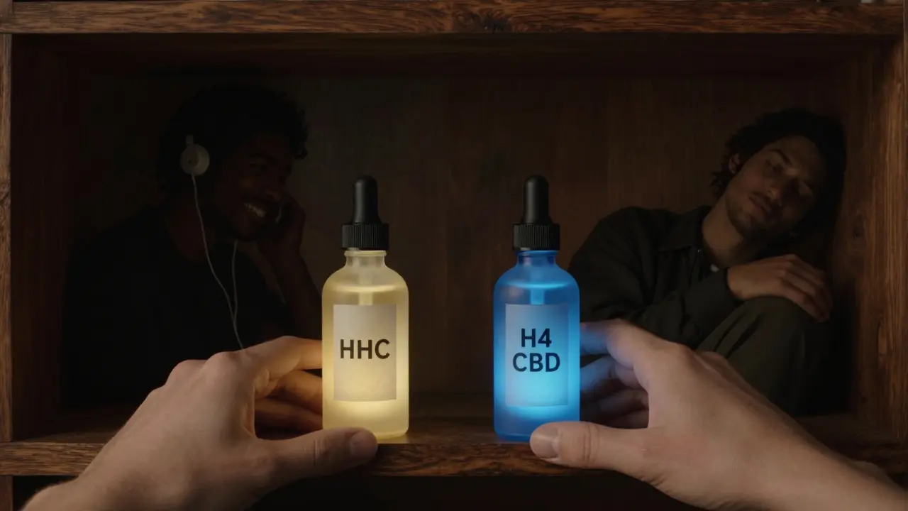 Zwei Flaschen mit HHC und H4CBD auf einem dunklen Regal, hinter ihnen still ruhende Menschen — eine sanfte Metapher für unterschiedliche Wirkungsweisen ohne Rausch.