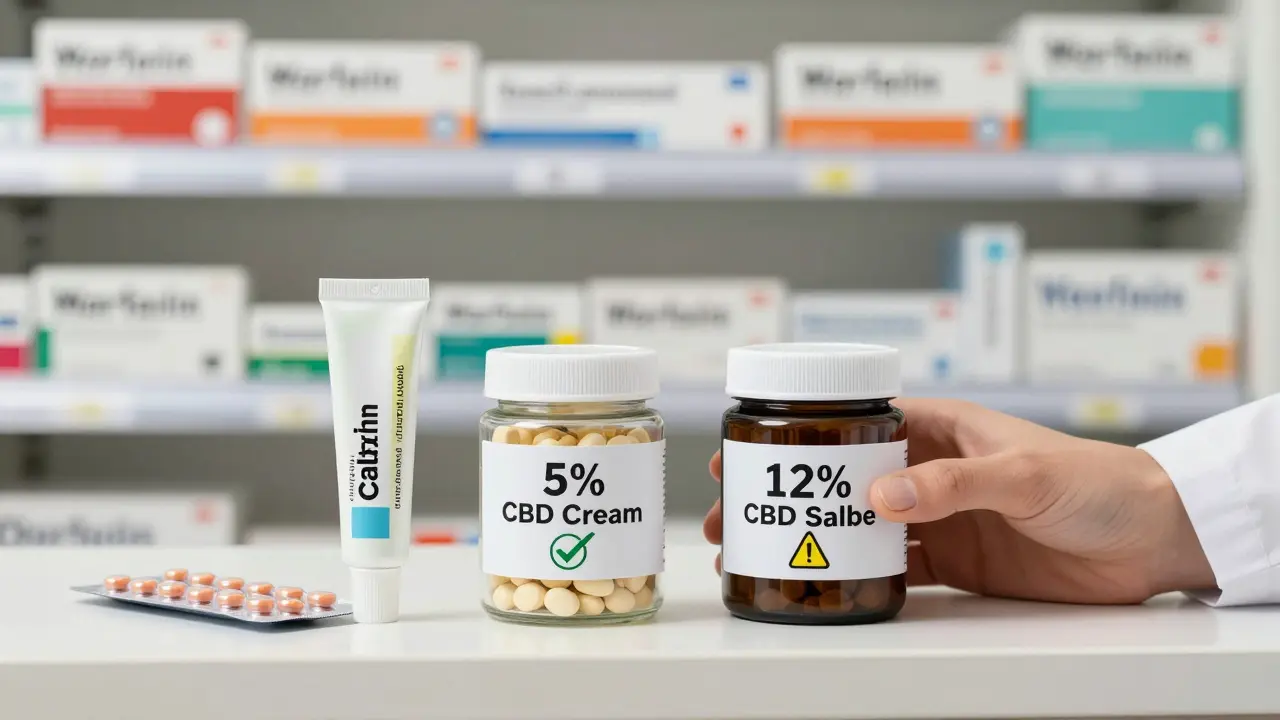 Apotheker zeigt sichere und risikobehaftete CBD-Produkte neben Medikamenten wie Warfarin.