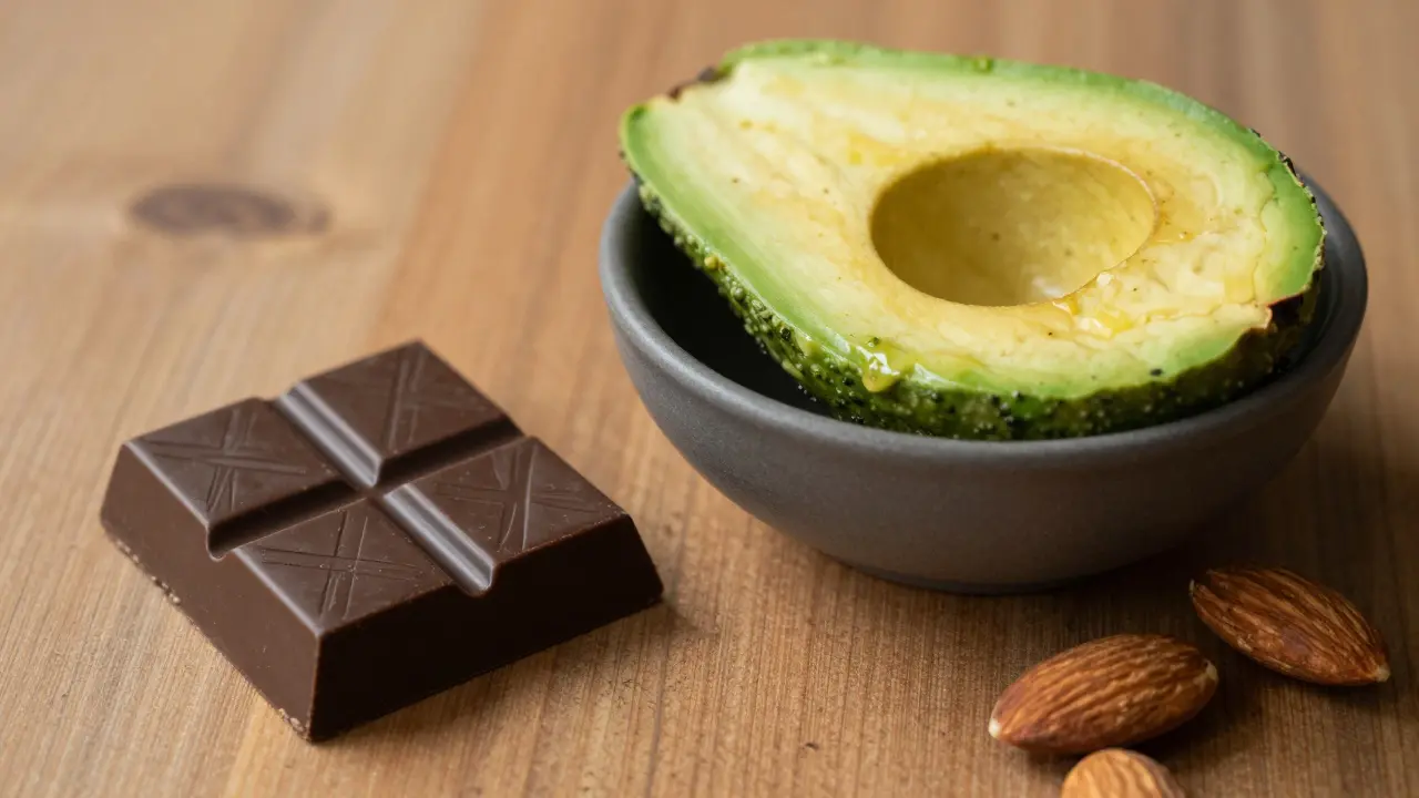 Cannabis-Schokolade neben Avocado und Nüssen auf einem Holztisch bei Sonnenlicht.