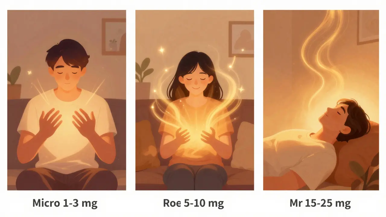 Drei Szenen zeigen unterschiedliche HHC-Dosen mit sanften Lichteffekten für Anfänger, Geübte und Erfahrene.