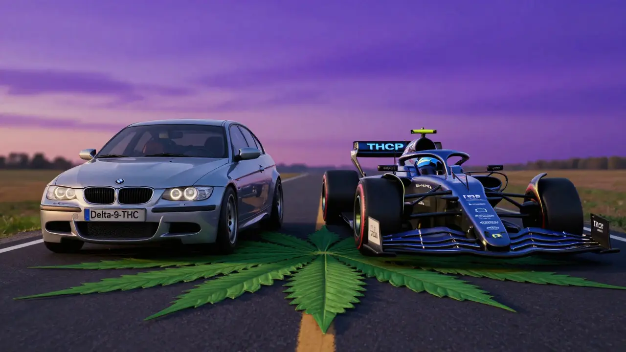 Ein BMW 3er und ein Formel-1-Rennwagen stehen nebeneinander, symbolisch für Delta-9-THC und THCP, auf einem Blatt-Muster.