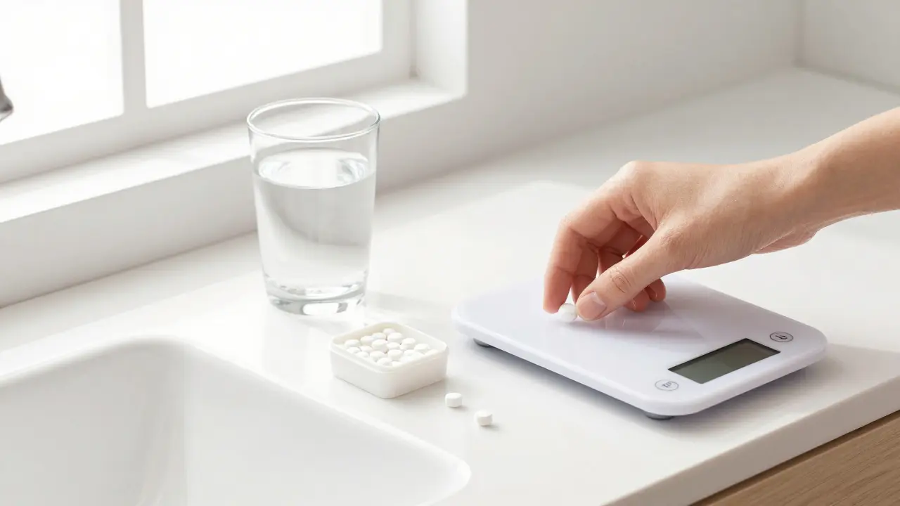 Ein CBD-Pellet liegt bereit auf einer Theke neben einem Wasserglas, sterile und präzise Anordnung.