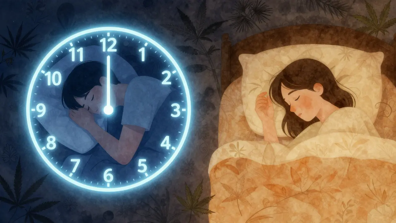 Ein circadianer Rhythmus als Uhr, der Melatonin-Mangel und CBN-Beruhigung visuell vergleicht, mit sanften Farben und Pflanzenmotiven.