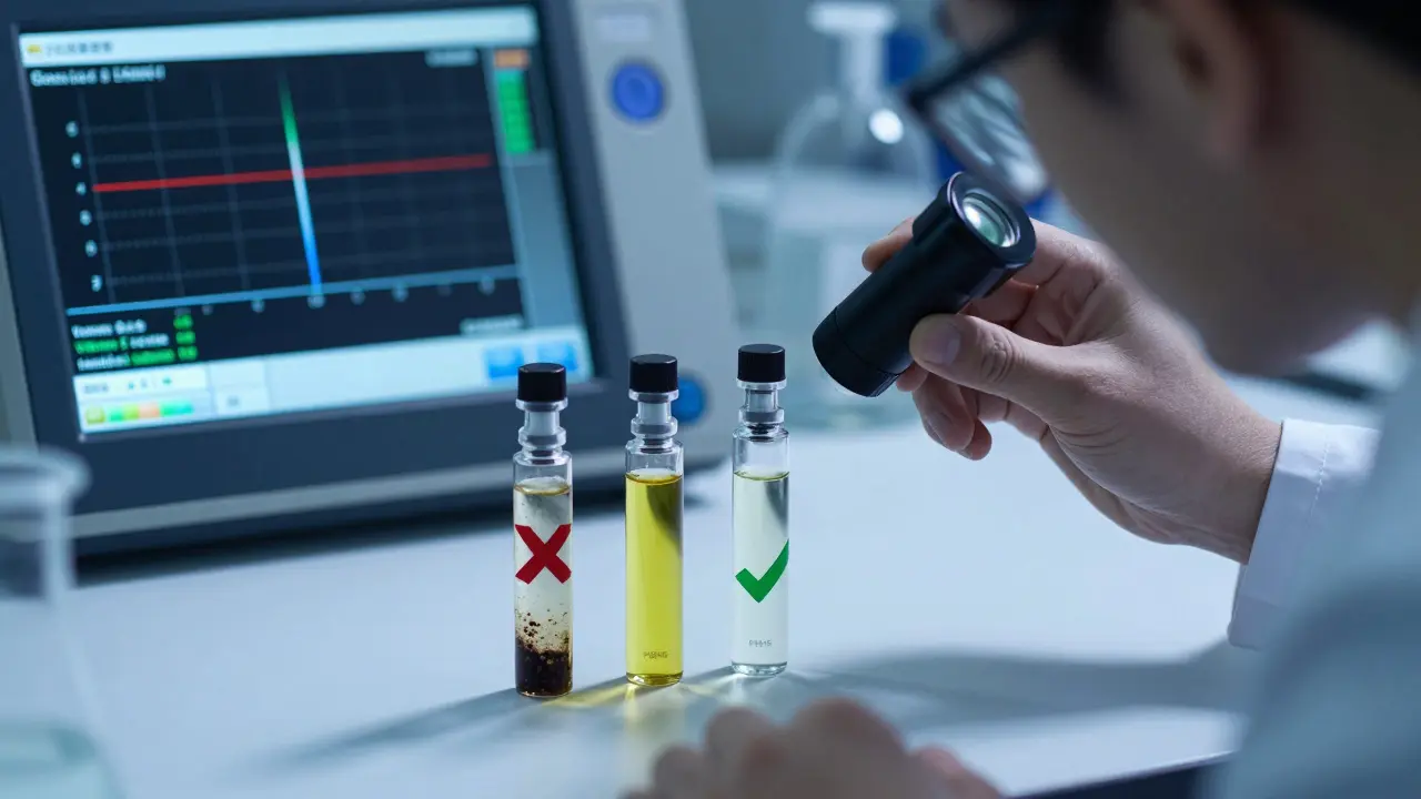 Ein Laborwissenschaftler untersucht CBD-Kartuschen unter einer Lupe, wobei eine mit Schadstoffen gekennzeichnet ist.