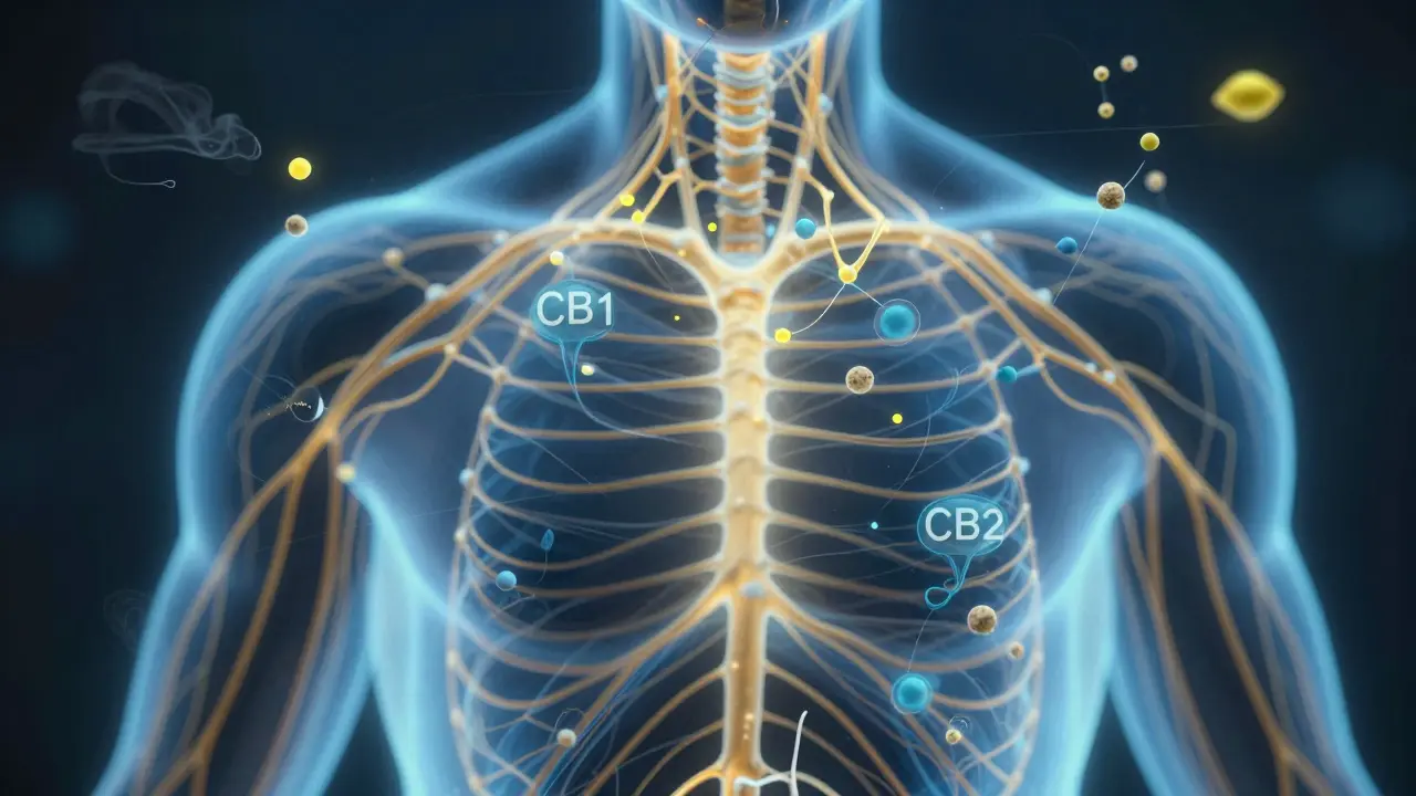 Ein schematisches Nervensystem mit leuchtenden Rezeptoren und Terpenmolekülen in sanften Farben.