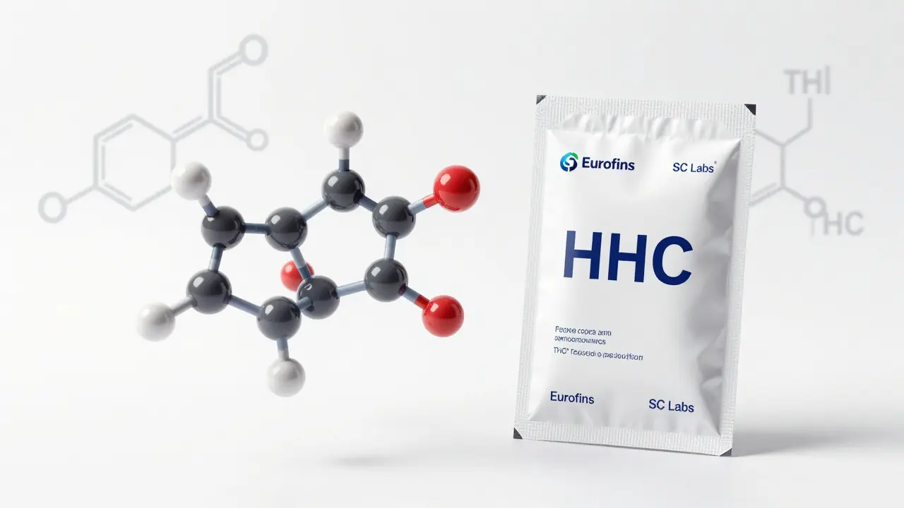 Ein transparentes Molekül von HHC neben einem zertifizierten Produkt mit Laborlogos.