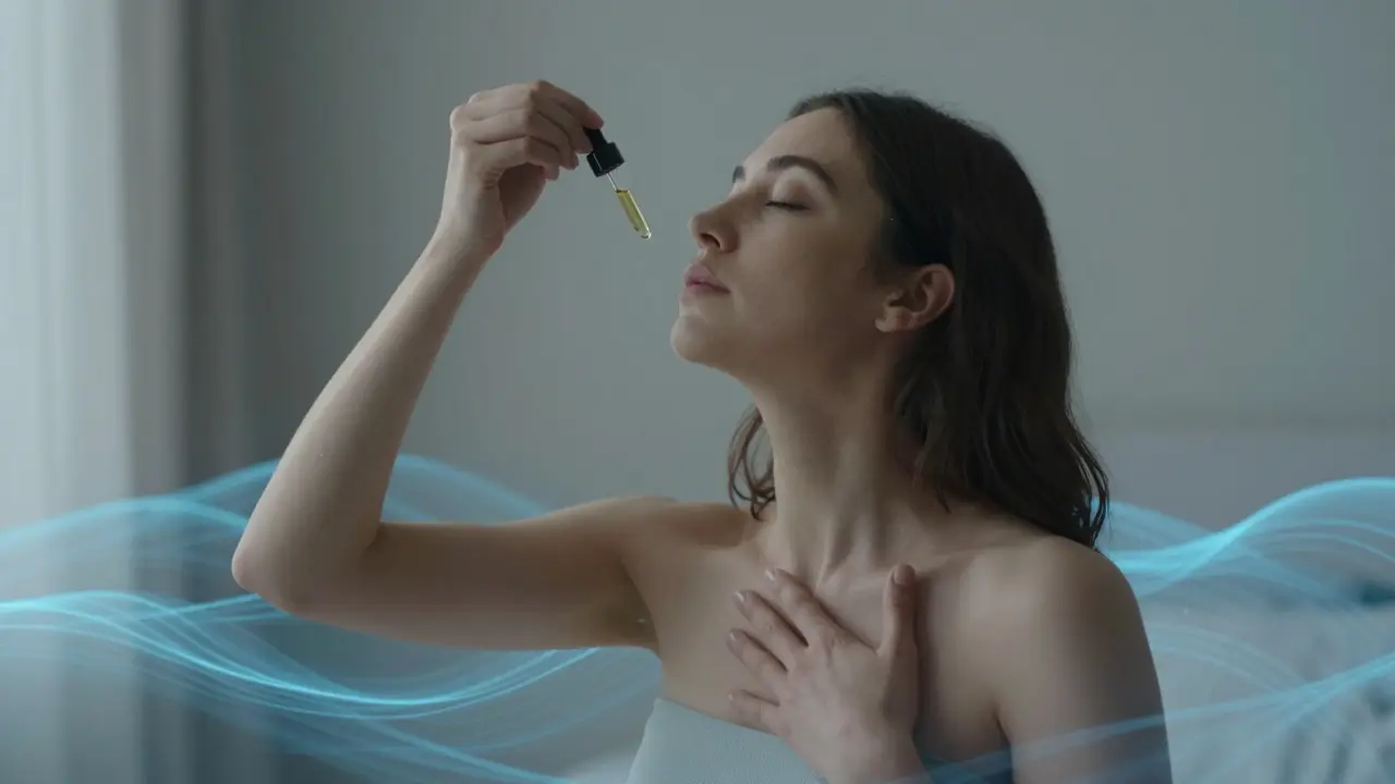 Eine Person atmet tief, hält einen THCV-Tropfen und wird von einer sanften, beruhigenden Energie umgeben.