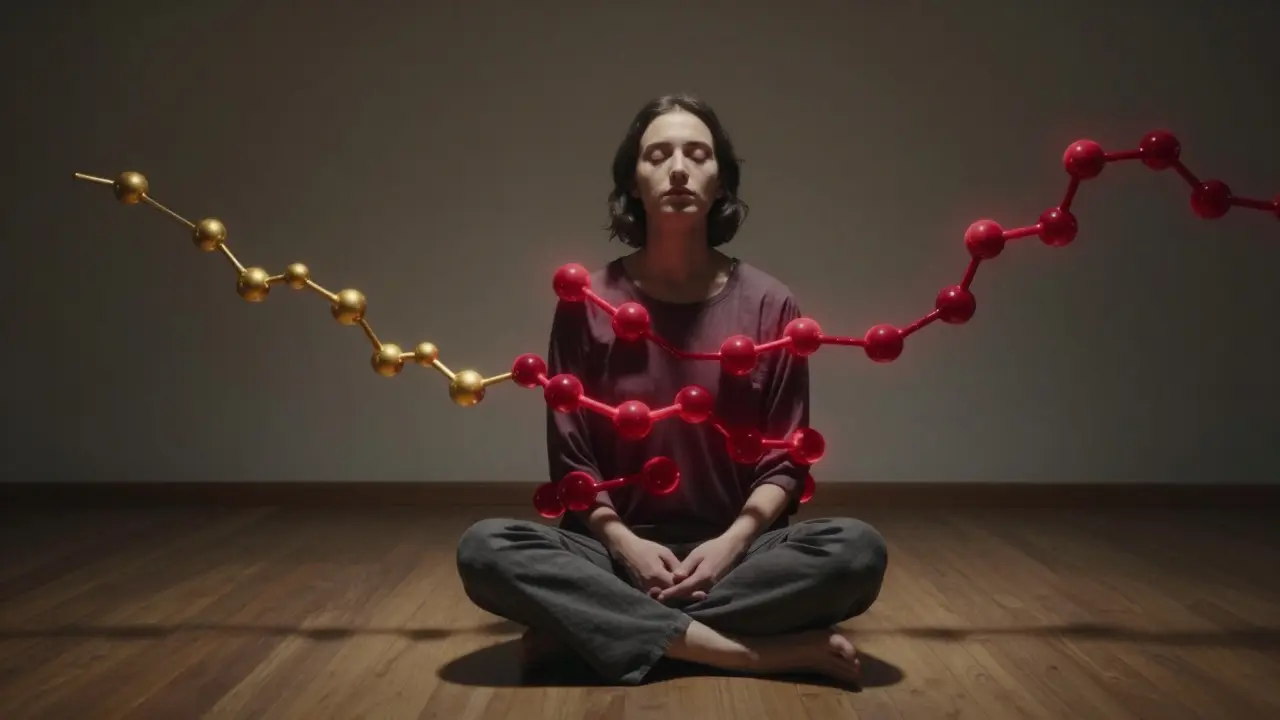 Eine Person in ruhiger Pose, umgeben von goldenen und roten Molekülketten, die für Delta-9 und THCP stehen.