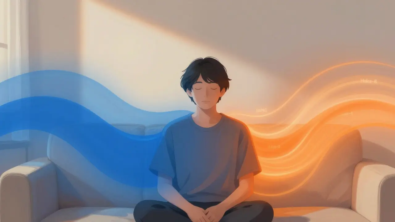 Eine Person in ruhiger Pose, umgeben von sanften Energiefeldern, die HHC und Delta-8 darstellen.