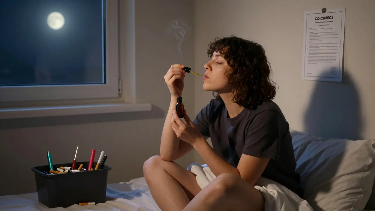 Eine Person nimmt CBD-Tropfen ein, während gebrauchte Vape-Geräte im Mülleimer liegen — ruhige, sichere Alternative.