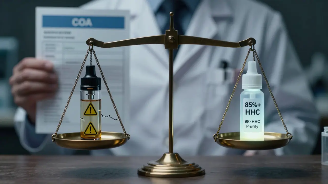 Eine Waage, die unsichere Vapes gegen hochreine HHC-Produkte abwägt, mit COA-Zertifikat.
