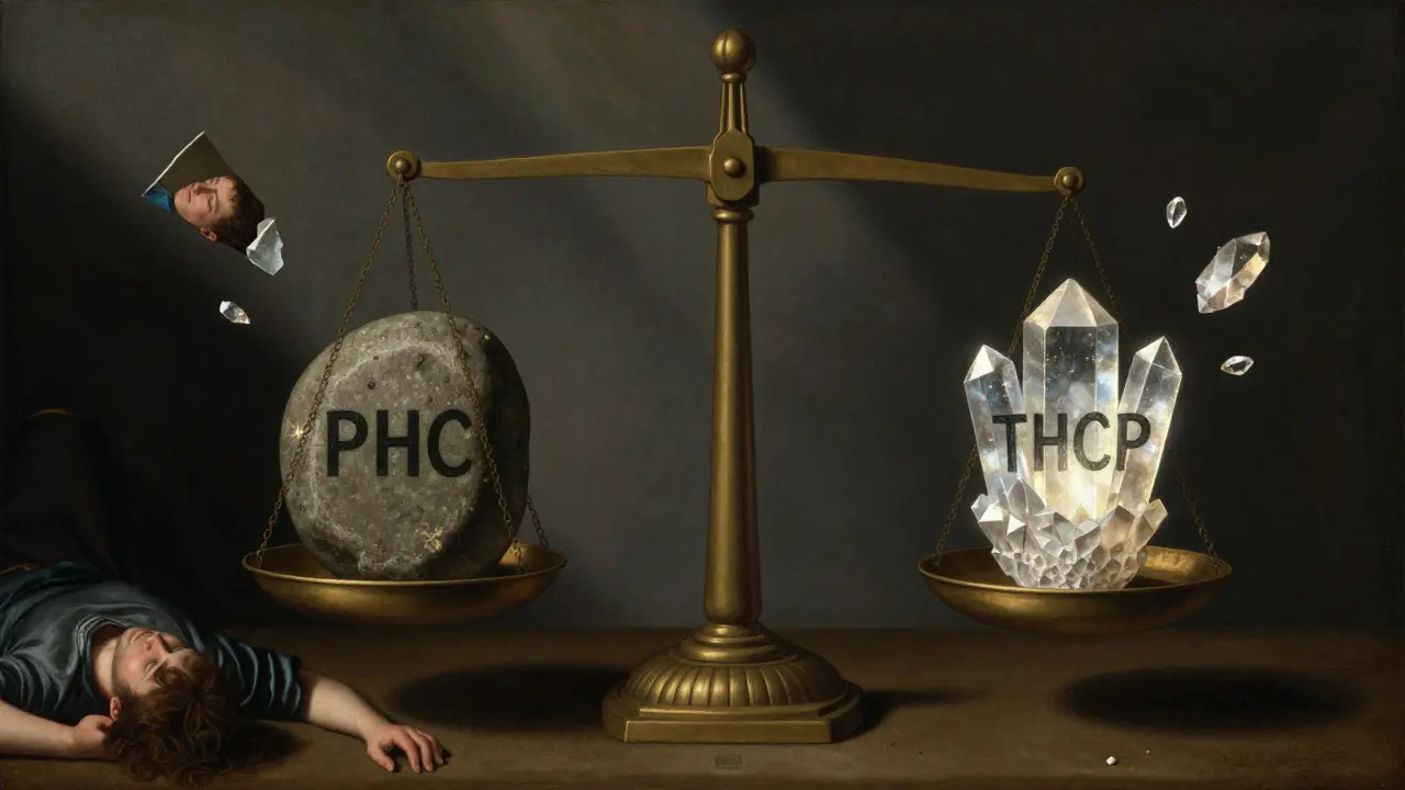 Eine Waage mit PHC als Stein und THCP als leuchtendes Kristall, umgeben von menschlichen Erfahrungen.
