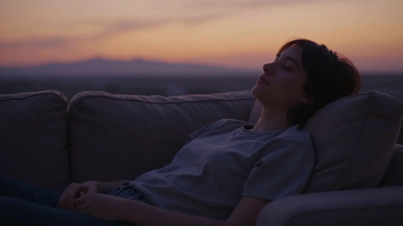 Entspannte Person auf Sofa bei Sonnenuntergang, die Wirkung von Edibles genießt.